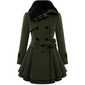 Women's Army Green Zeagoo Winter Trench Coat Faux Fur Lapel Double Breasted